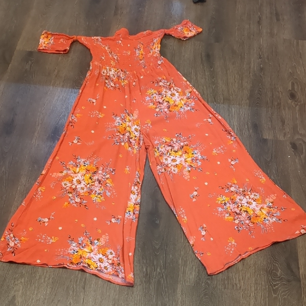 Altar'd State Floral Off-Shoulder Jumpsuit in Coral
